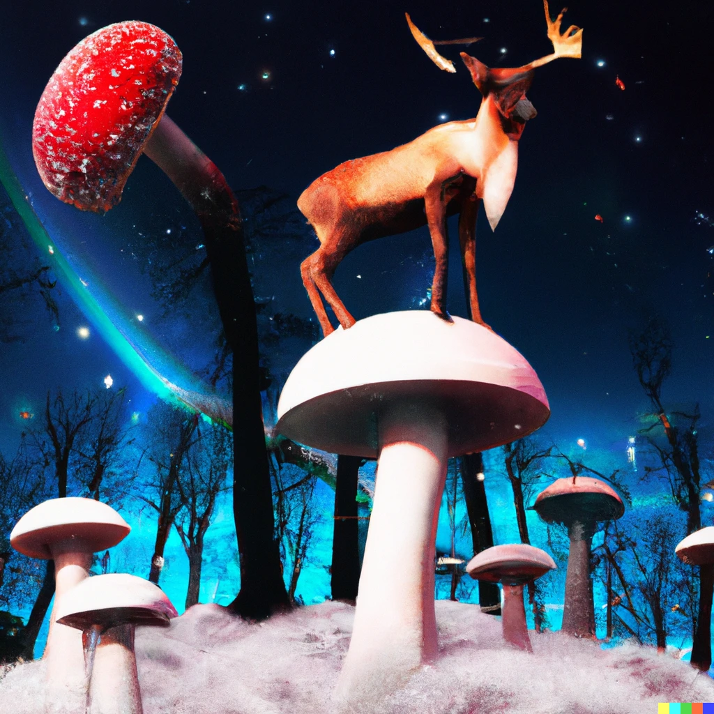 Prompt: Reindeer on mushrooms in the North Pole at night, clear sky with stars,
Digital art
