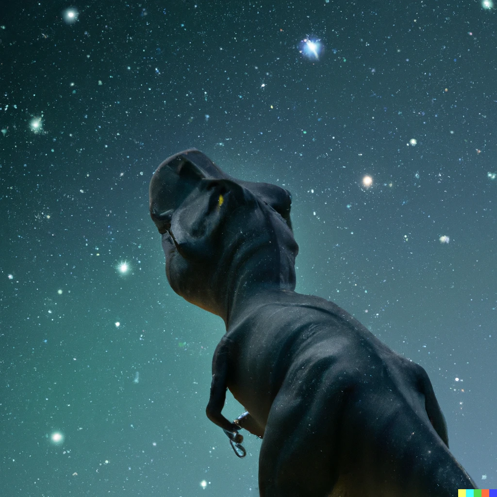 Prompt: photo of a sad t-rex looking at the stars