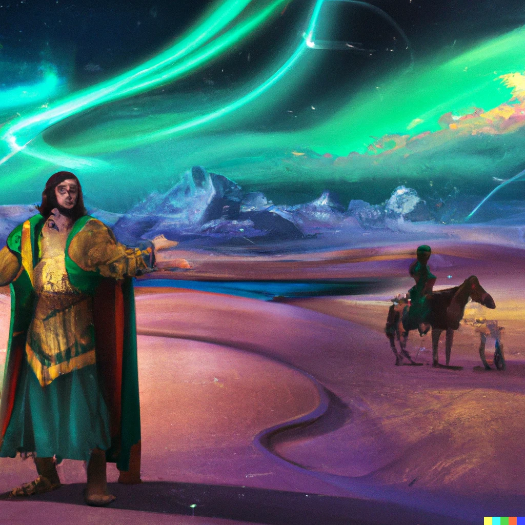 Prompt: An arabic prince travel with leonardo da vinci in surrealistic desert under  aurora borealis