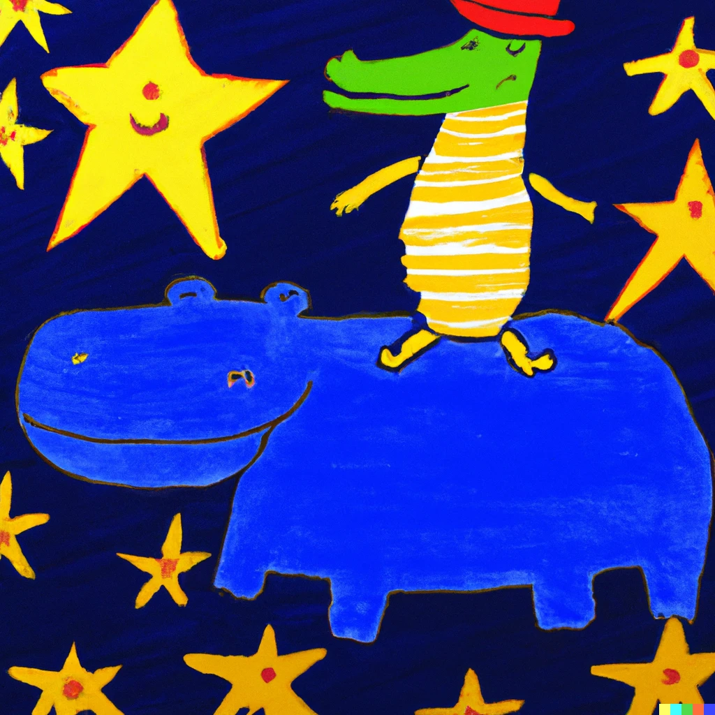 Prompt: photo of a yellow crocodile with red hat riding a blue hippo on the sky among smiling stars