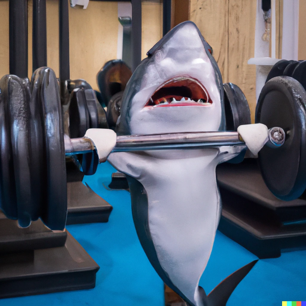 Prompt: photo of a shark lifting weights at the gym