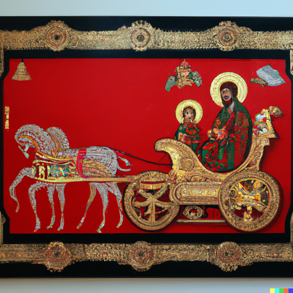Prompt: orthodox christian icon of santa claus and his sleigh
