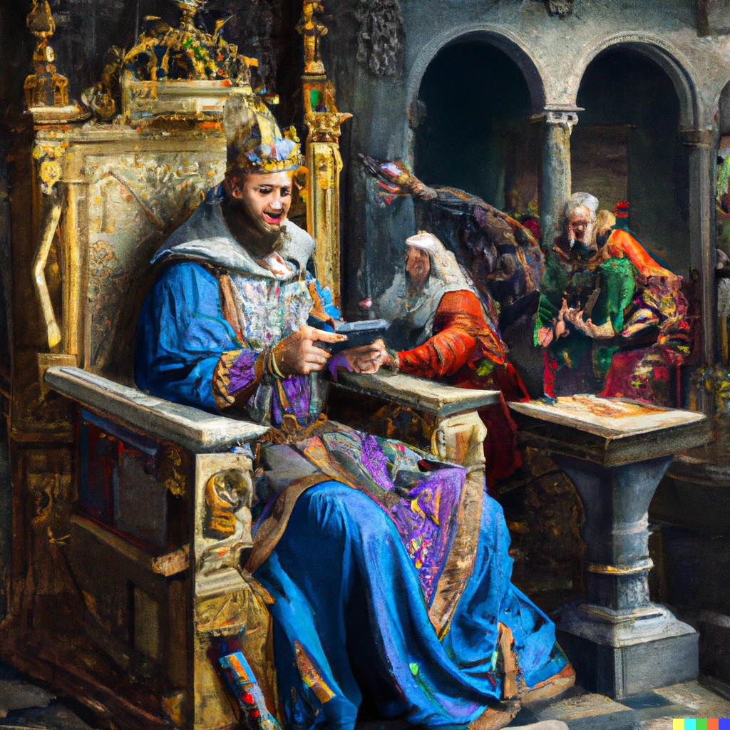 Prompt: medieval photorealistic painting of charlemagne playing video games in a royal court