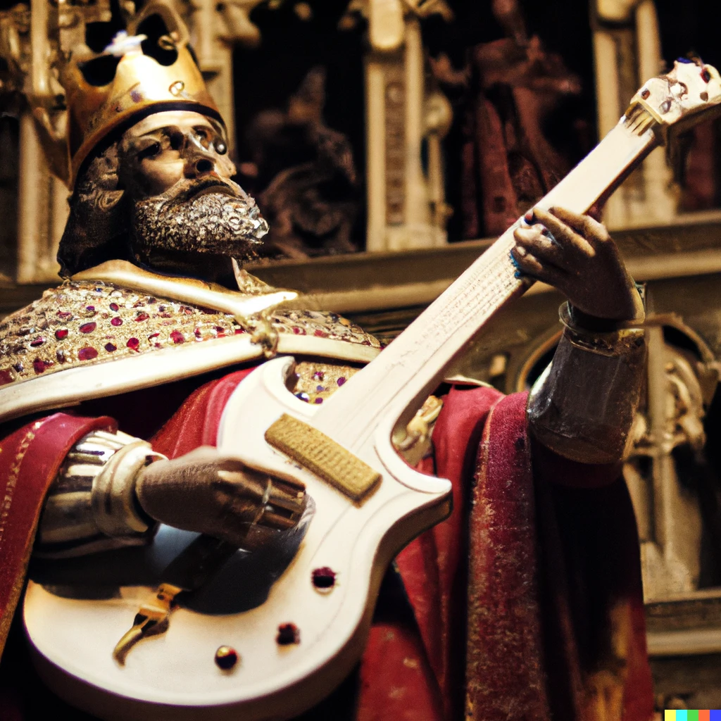 Prompt: photo of charlemagne playing electric guitar in a royal court