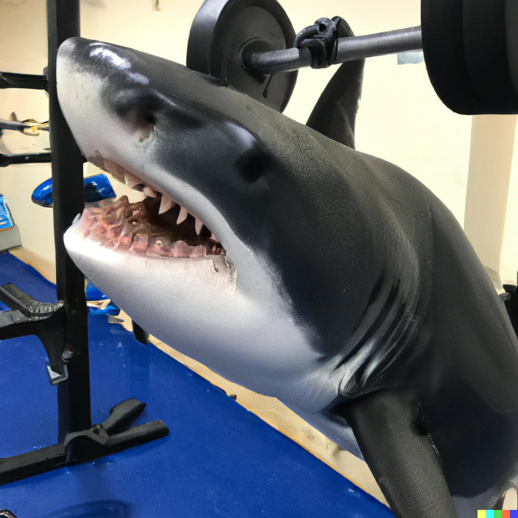 Prompt: photo of a shark lifting weights at the gym