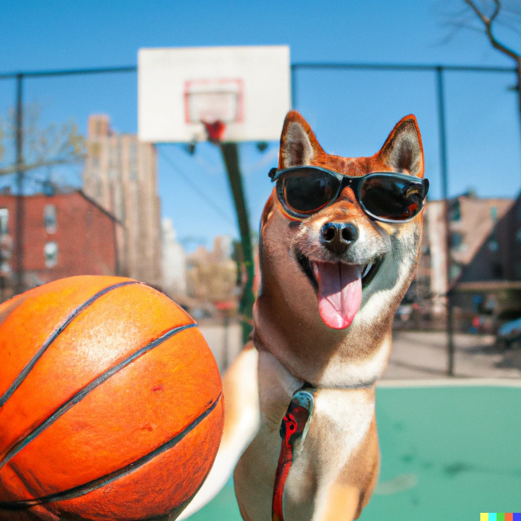 Prompt: A Shiba Inu dog wearing sunglasses sticking its tongue out and dunking basketball in harlem