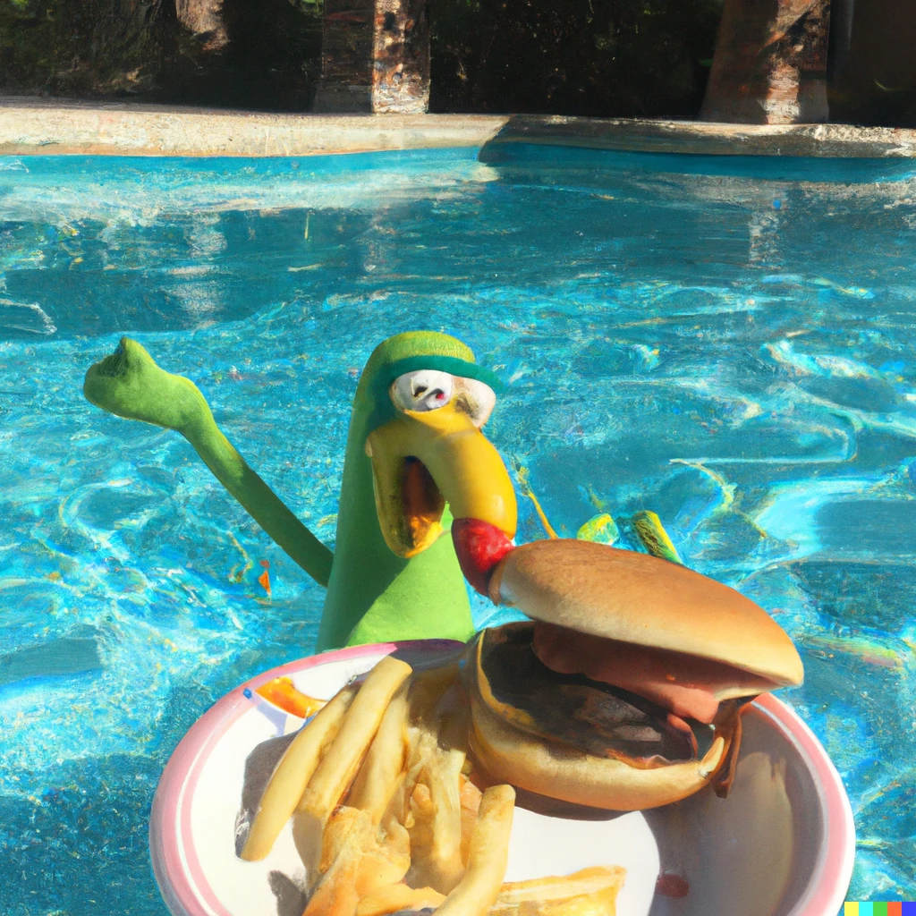 Prompt: Zazu eating a cheeseburger in a pool with Gumby
