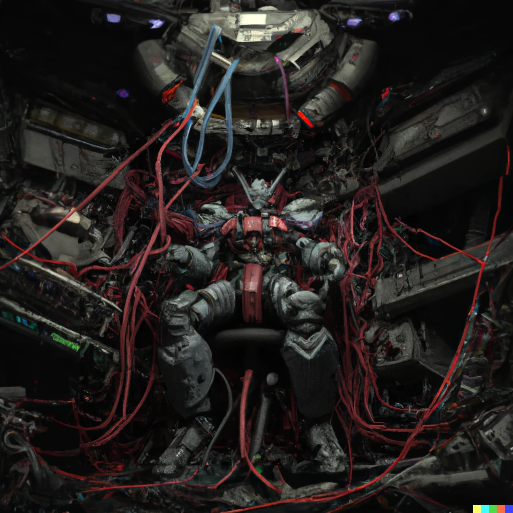 Prompt: an extremely detailed mobile suit sitting on a throne of old cables