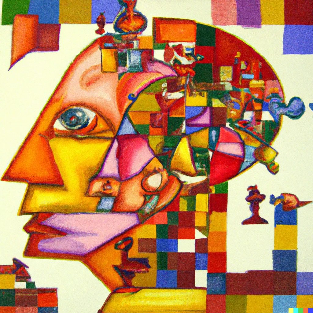 Prompt: A cubist painting that depicts the concept of society: A society is a whole that is greater than the sum of its parts. It is a collective consciousness. Society is a big brain that thinks for you. Social facts are the thoughts of the collective consciousness, but to each individual they feel real, like they are objective and external to consciousness.