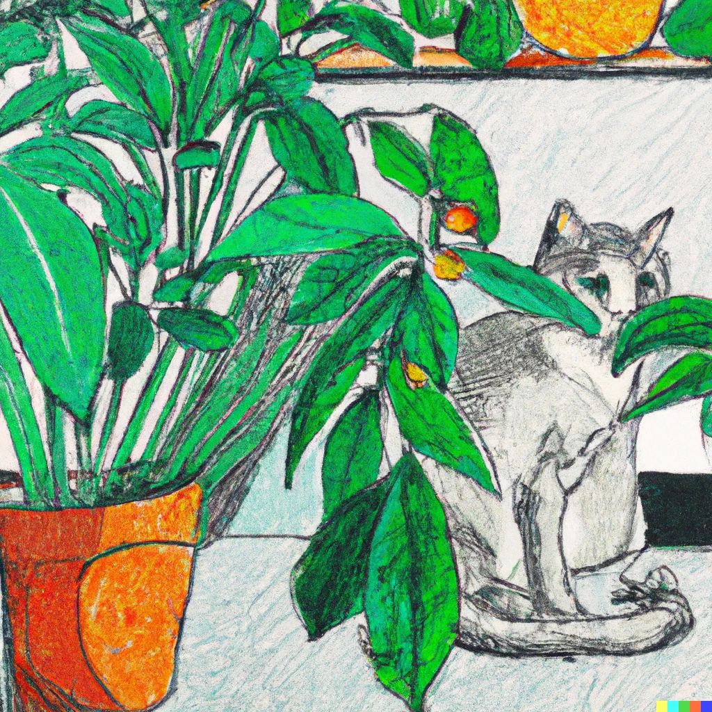 Prompt: botanical plant and cat in a kittchen grey and green with orange color pencil drawing | 100