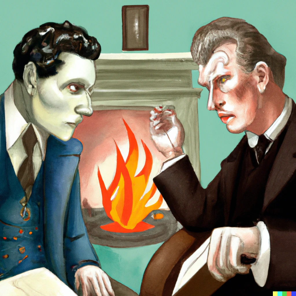 Prompt: Wittgenstein threatening Karl Popper with a fireplace poker