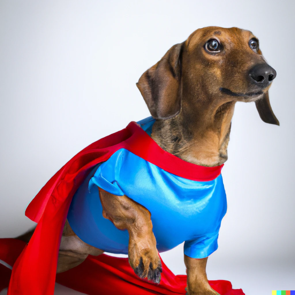 Prompt: Dachshund in Superman costume 