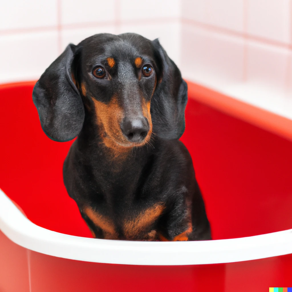 Prompt: Picture of a black dachshund in a red bathtub 