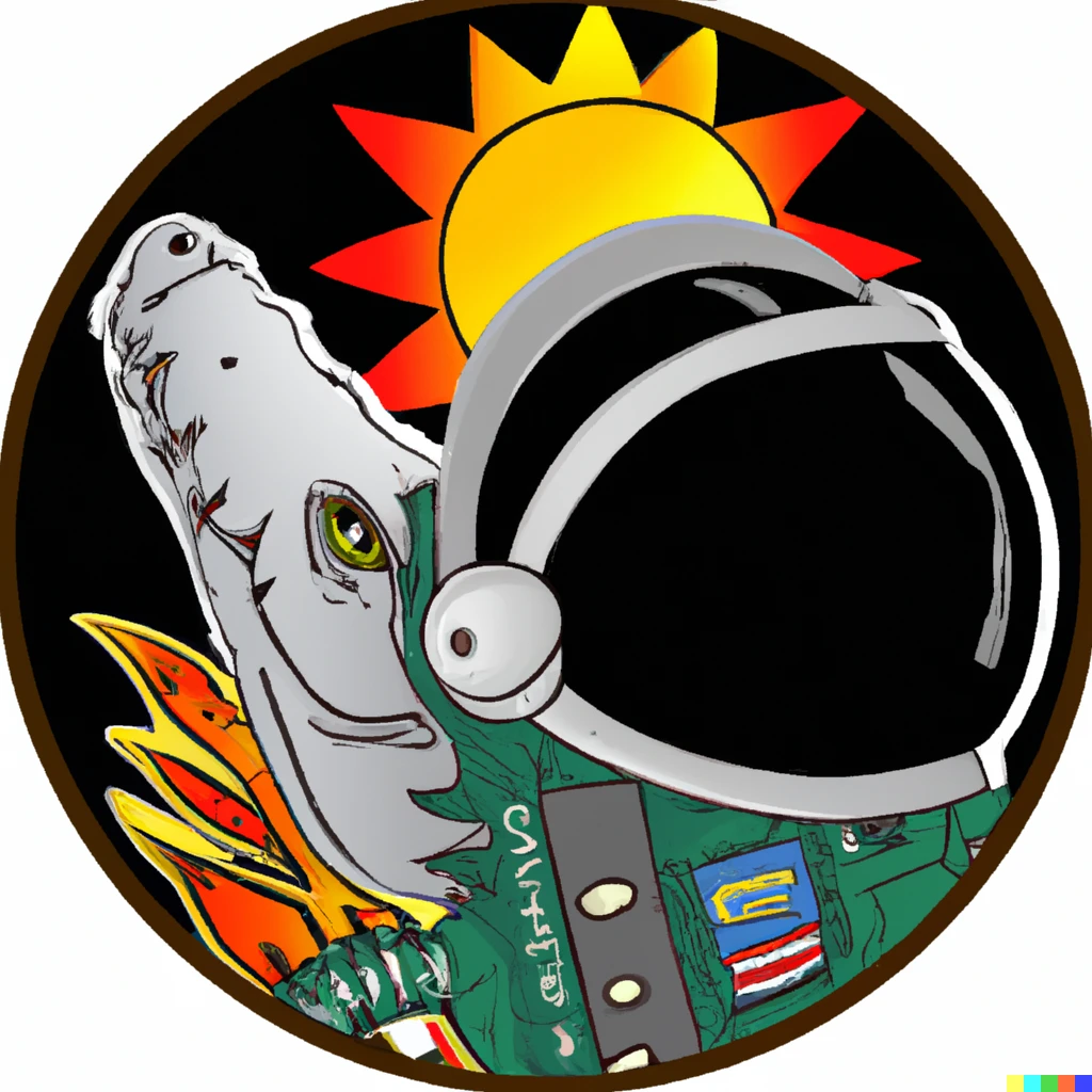 Prompt: A graphic novel sticker of a giant alligator wearing a space helmet with a jet pack and blocking the suns reflection on earth
