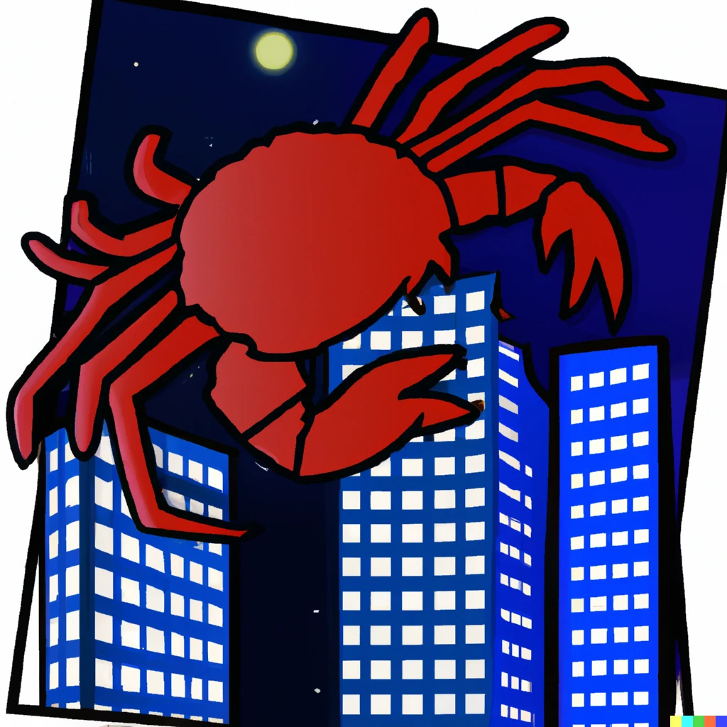 Prompt: A graphic novel sticker of a giant crab crawling up a skyscraper at night 