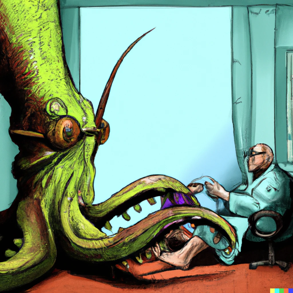 Prompt: Cthulhu goes to the foot doctor for an ingrown toenail, photorealistic portrait