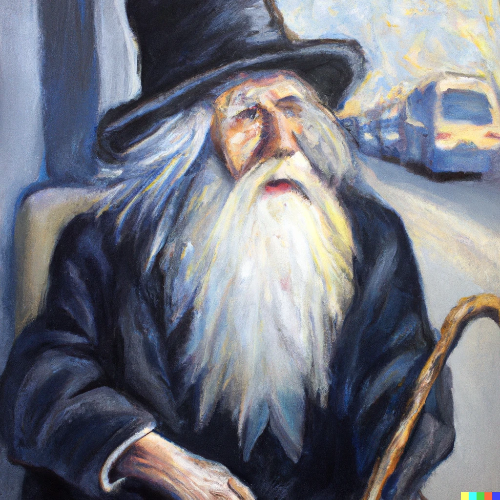 Prompt: gandalf waiting at the airport, portrait, oil painting