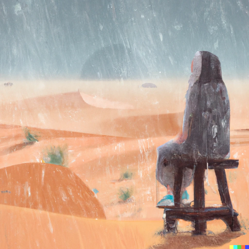 Prompt: a faceless woman sitting on a wooden stool at the top of a sand dune in the desert, in the rain, looking depressed, daytime, the death star is in the background, impressionist