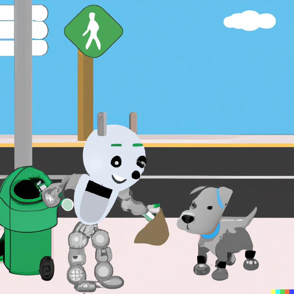 Prompt: a cute robot helping a dog to pick up trash on a neighborhood street