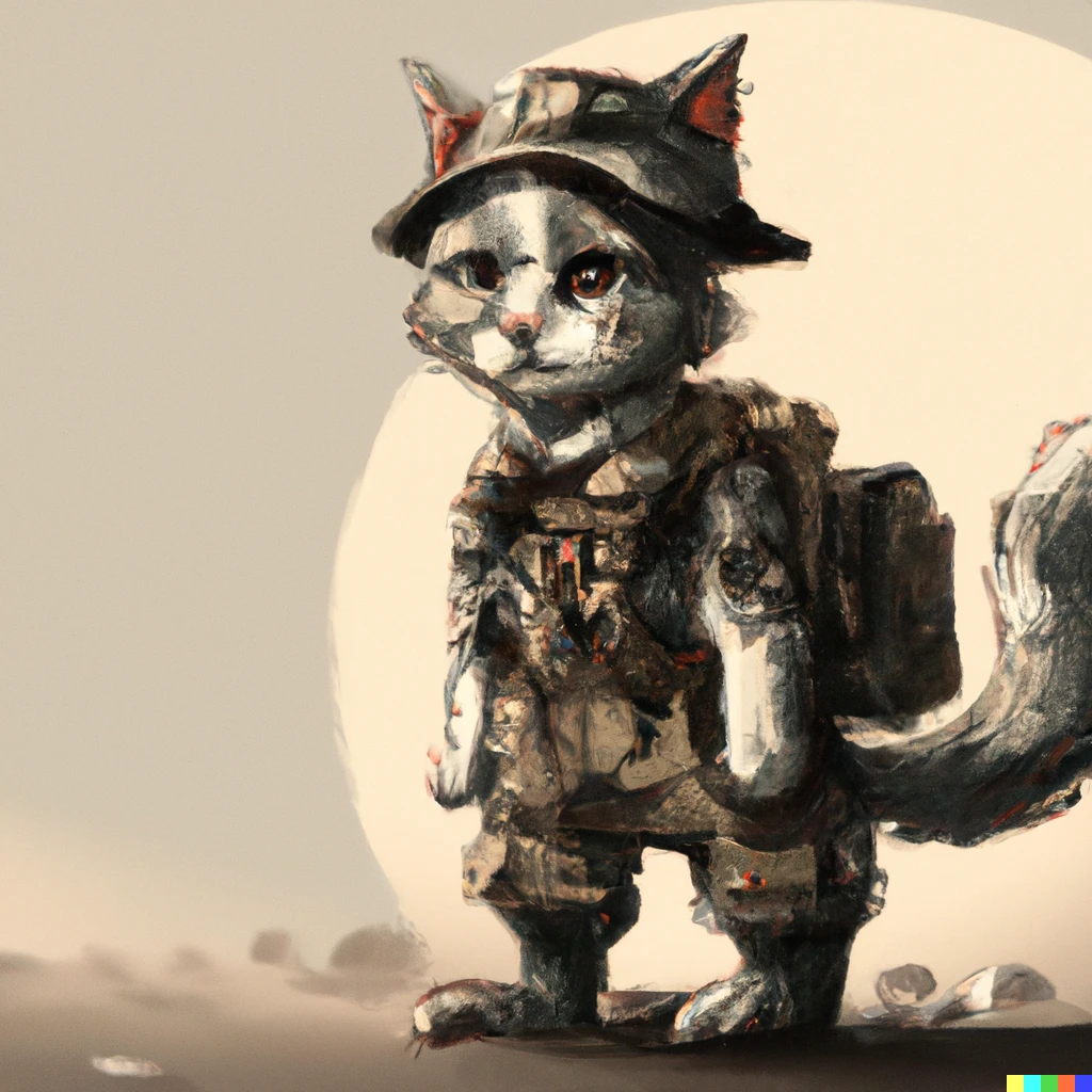 Prompt: a cat, standing at attention, dressed as a WWI soldier, on the battlefield, digital art