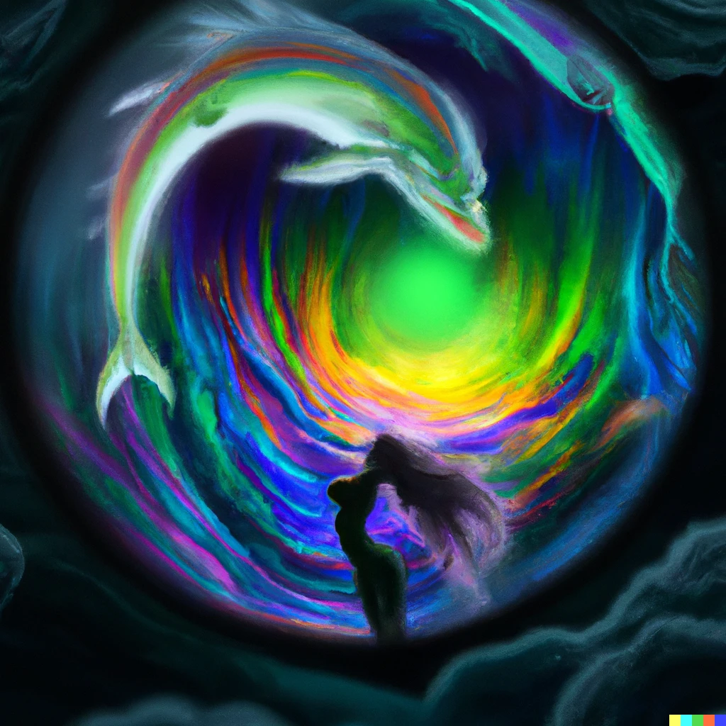 Prompt: epic aurora in mid blackhole with a mermaid