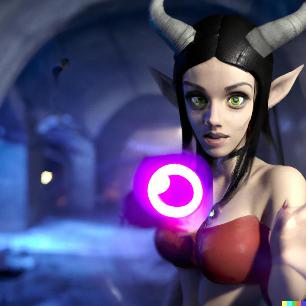 Prompt: A portrait of a beautiful petite demon girl with a small cup size and with horns and a tail, wet and glossy skin, casting a powerful magic spell, glowing magic circle with writing cast in front of hand, wearing a skimpy outfit, view from the side, full body showing, in a dungeon corridor, hyper realistic, octane render, unreal engine 5, v-ray, 8k, 4k