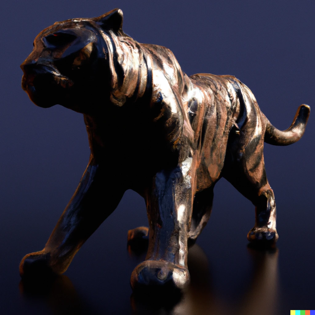 Prompt: A 3D render of a tiger statue made of Topaz with stripes made of Obsidian, 8k
