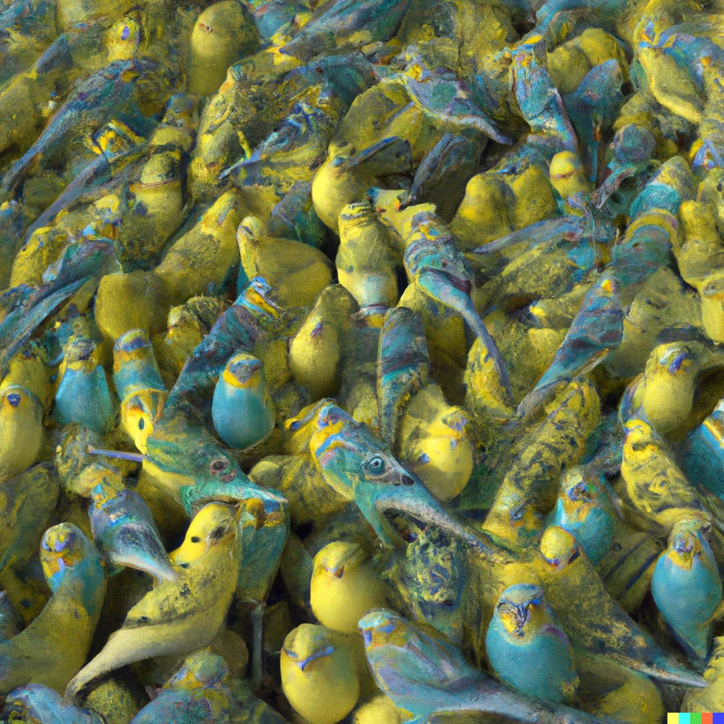 Prompt: Too many budgies, hyper realistic, 8k