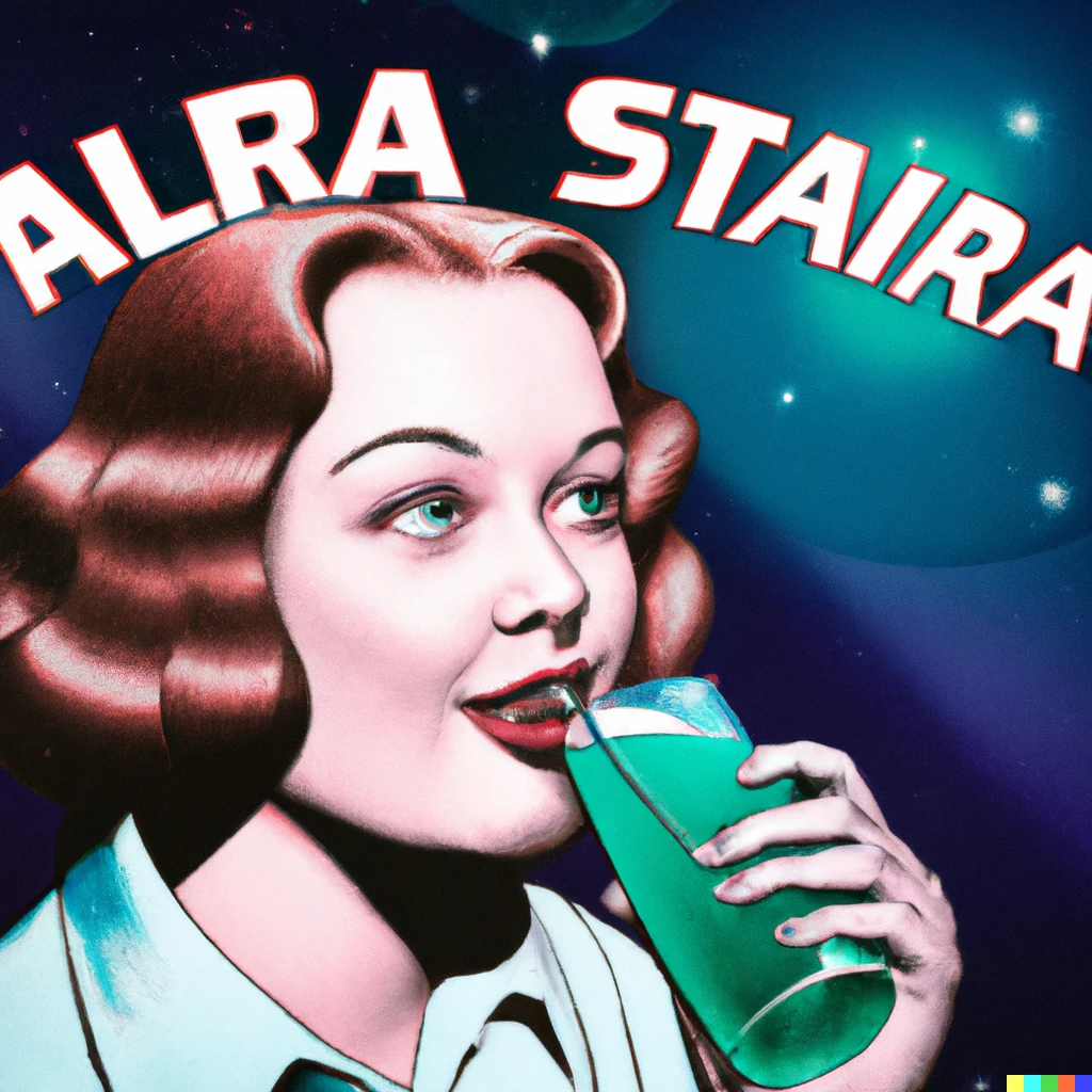 Prompt: Advertisement of a portrait of a human woman drinking a strange soda from an alien planet, 1950s retrofuturism style