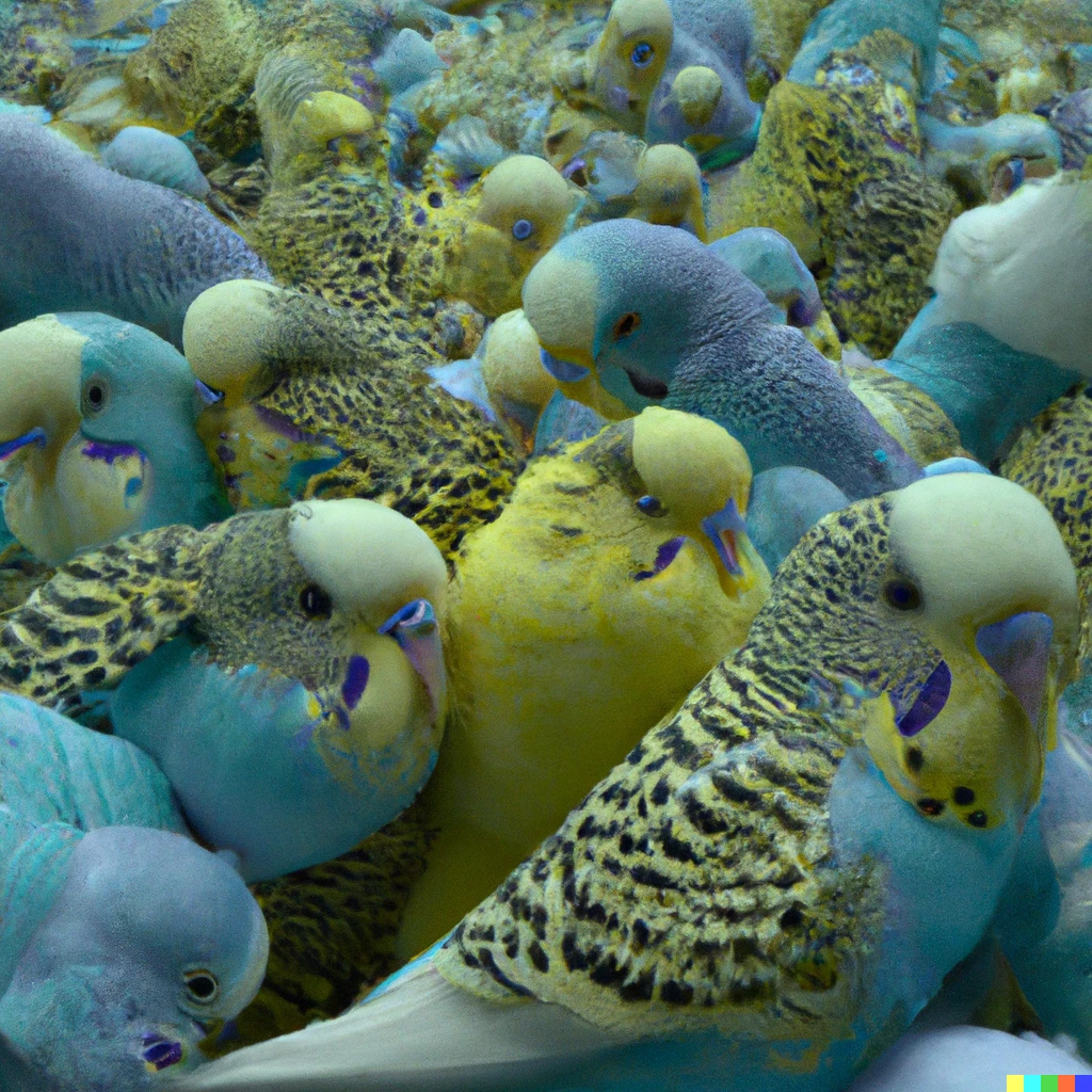 Prompt: Too many budgies, hyper realistic, 8k