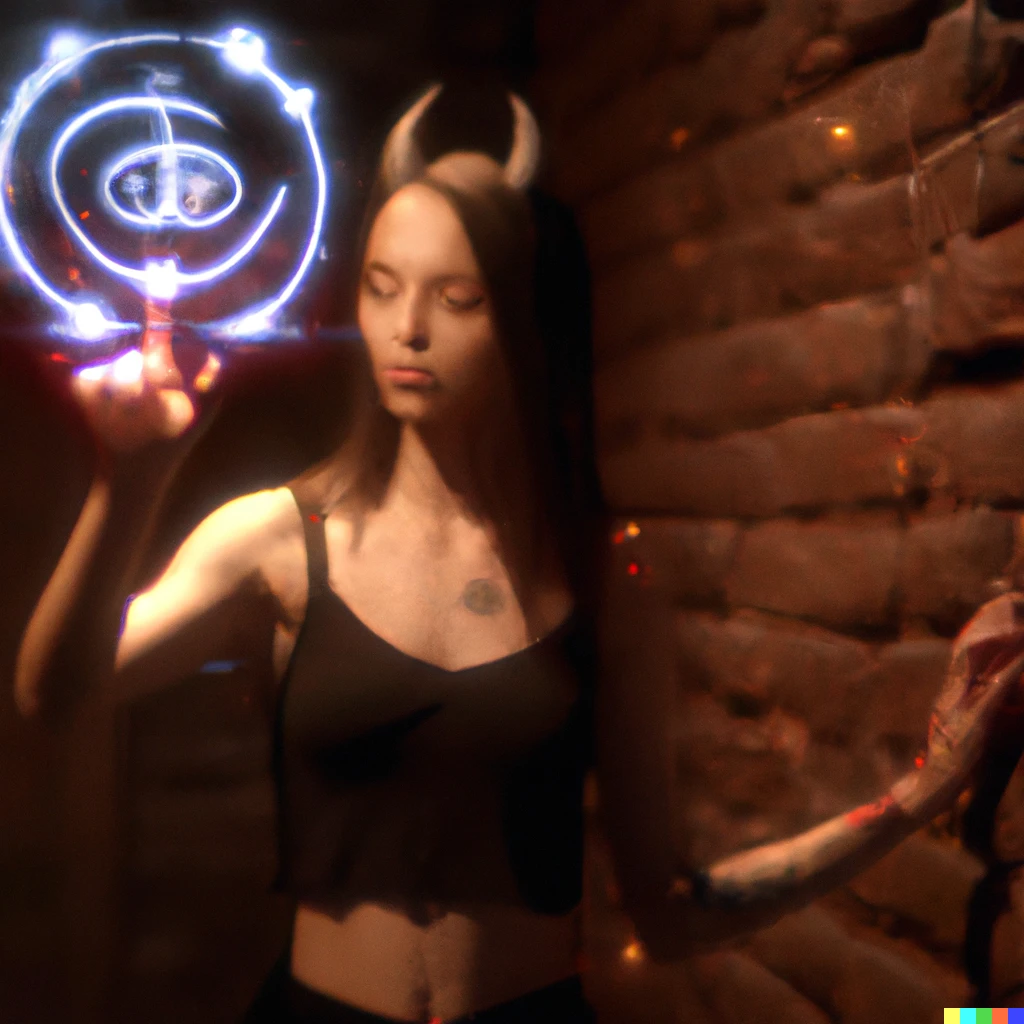 Prompt: A beautiful demon girl with horns and a tail casting a powerful magic spell, glowing magic circle with writing cast in front of hand, view from the side, full body showing, in a dungeon corridor, hyper realistic, 8k