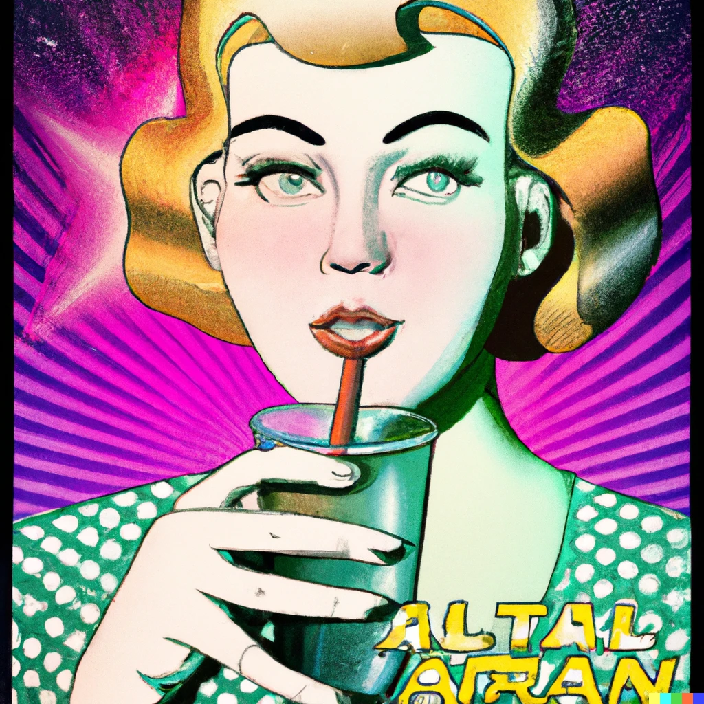 Prompt: Advertisement of a portrait of a human woman drinking a strange soda from an alien planet, 1950s retrofuturism style