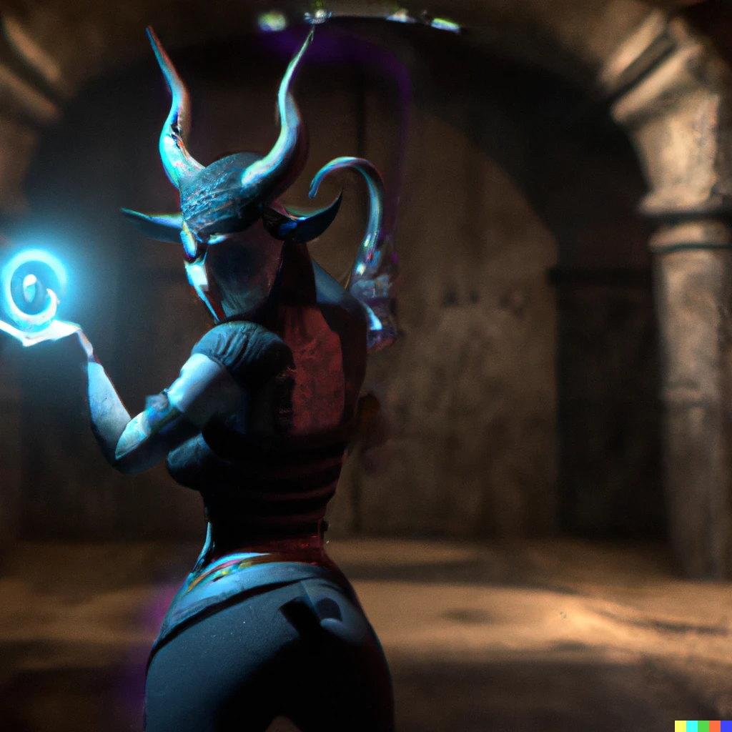 Prompt: A beautiful and small and petite demon woman with a small cup size and with horns and a tail, wet and glossy skin, casting a powerful magic spell, glowing magic circle with writing cast in front of hand, wearing a skimpy outfit, view from the side, full body showing, in a dungeon corridor, hyper realistic, octane render, unreal engine 5, v-ray, 8k, 4k