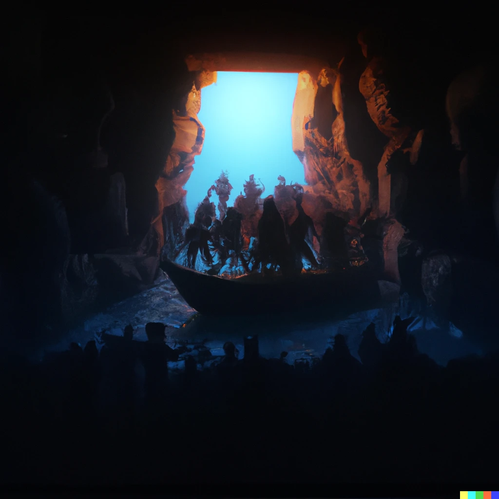 Prompt: A 3D render of people emerging from Plato’s Cave suddenly realising they are on Plato’s ship of dreams.