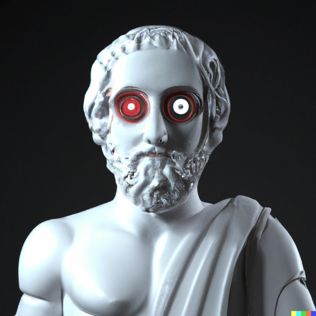 Prompt: An lifelike 3D render of a marble statue of Socrates depicted as a robot, with one red eye.