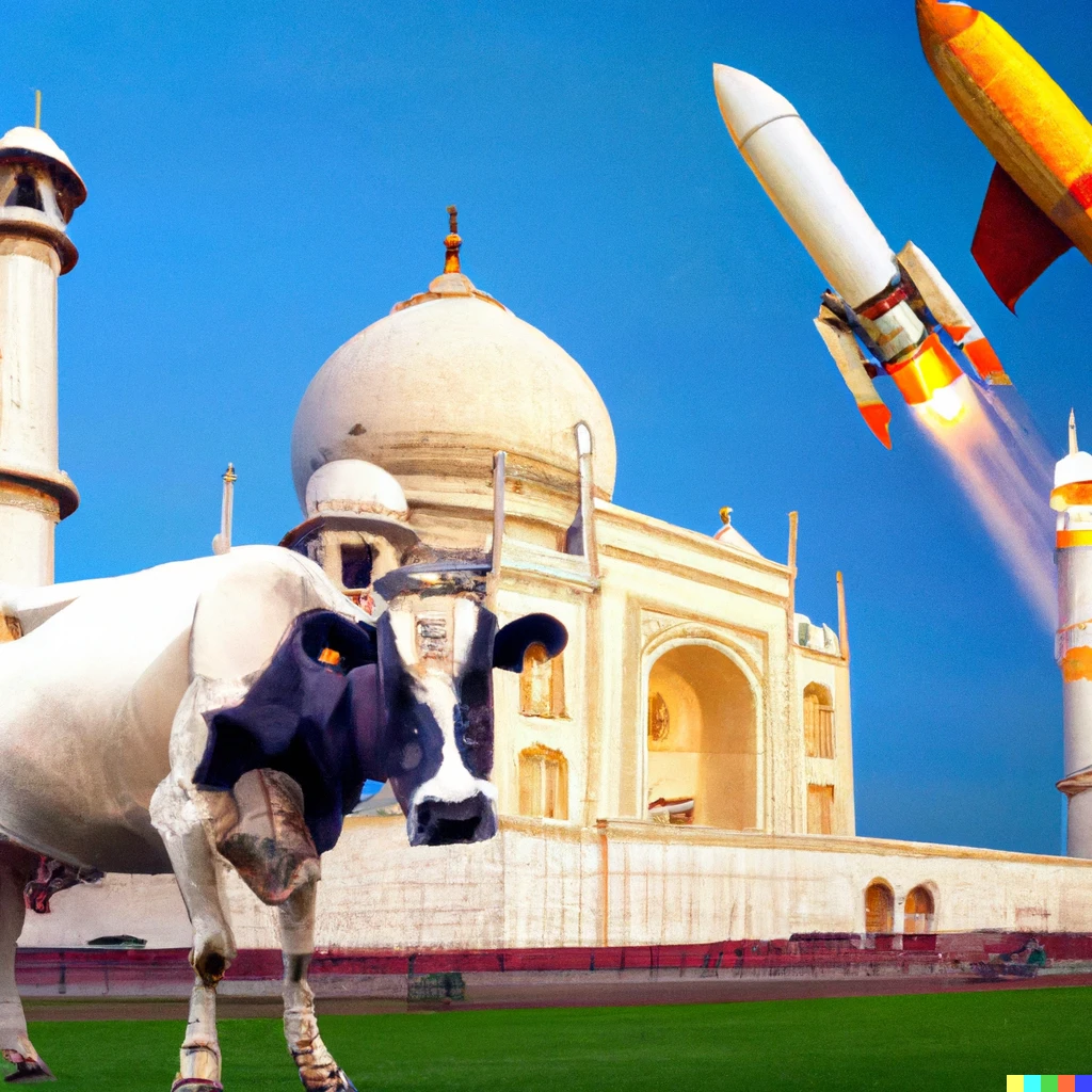 Prompt: Cow scientist launching satellite carrying rocket with Taj Mahal in the background painting  | 387