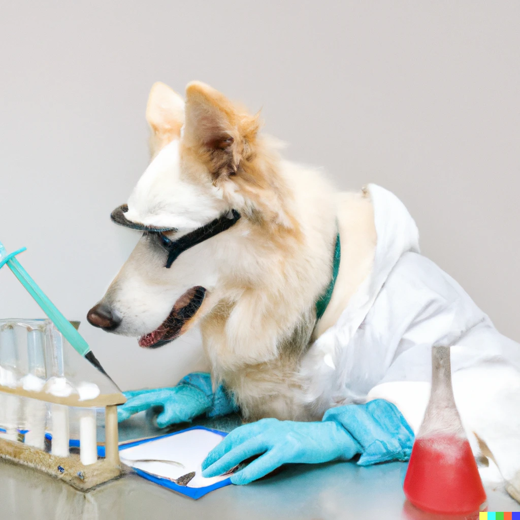 Prompt: Dog scientist working on vaccines