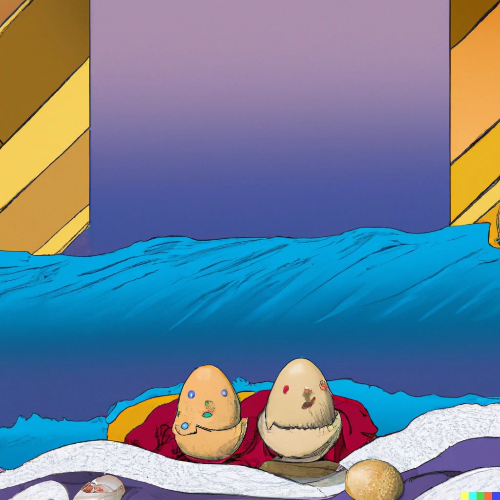 Prompt: Eggs with blankets in the middle of the ocean. Digital art cartoon with golden frame.