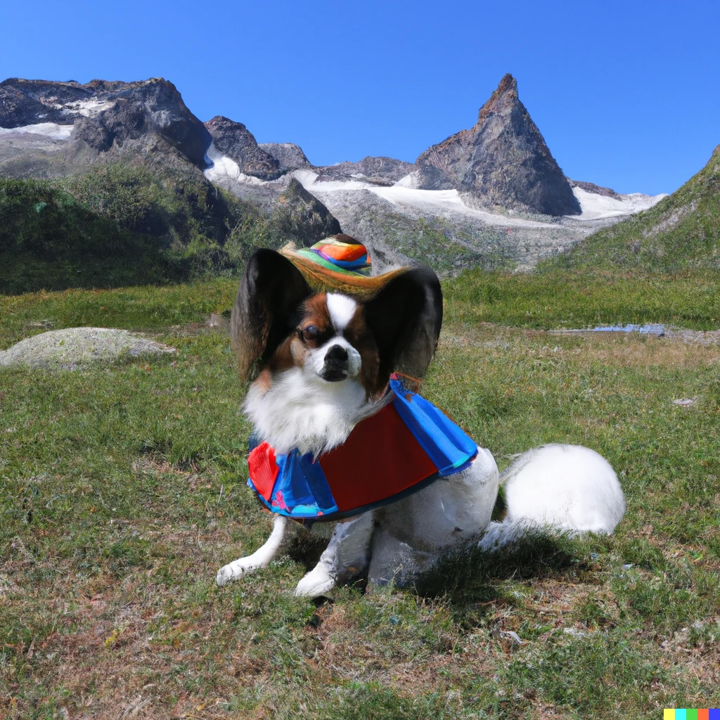 Prompt: papillon dog with superman dress wearing a sombrero sitting in the grass in front of the matterhorn, canon EF 8-15