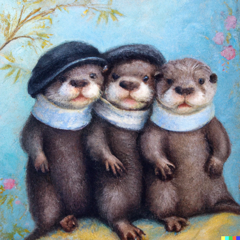 Prompt: oil painting of otter babies wearing cute outfits
