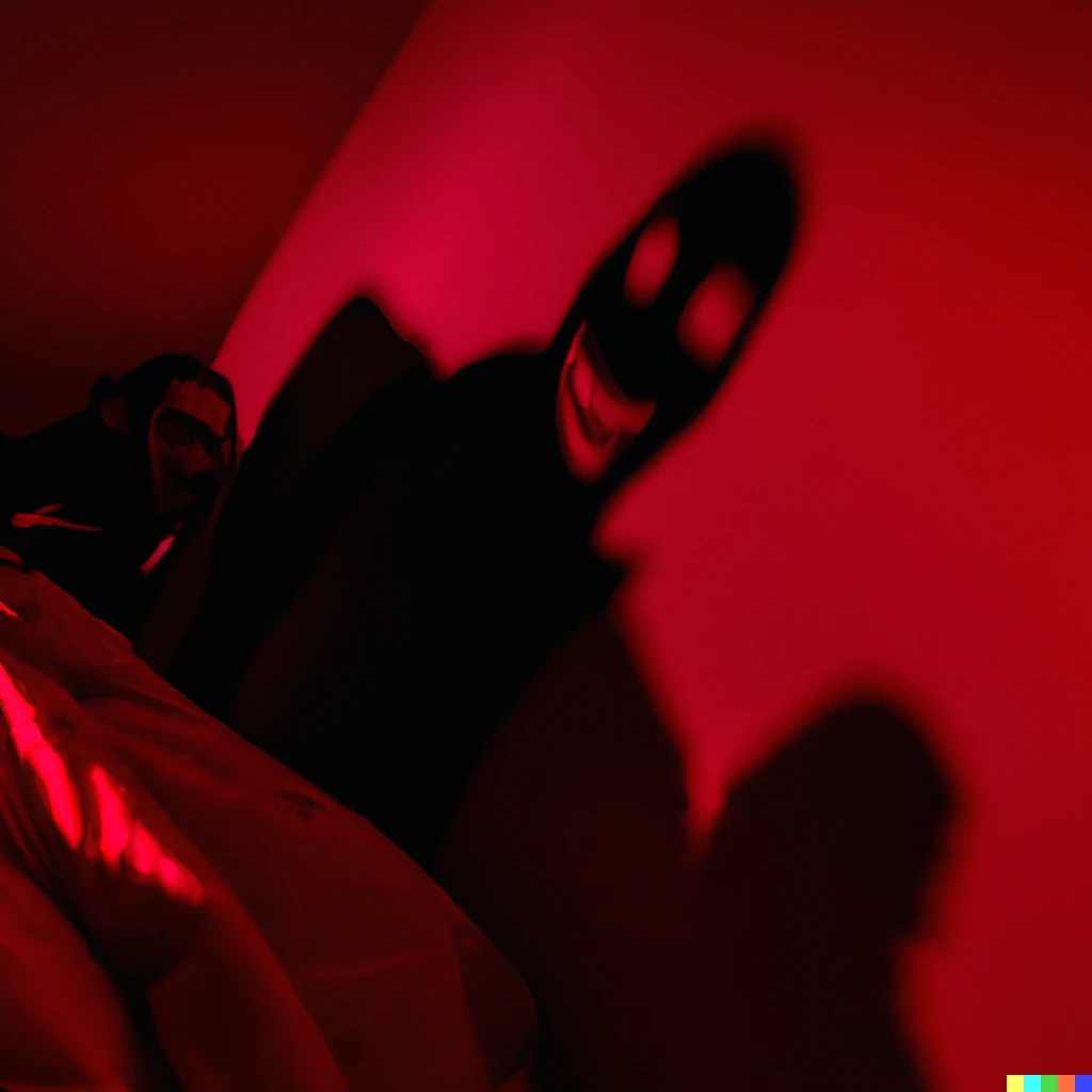 Prompt: terrifying photo, taken from the bed, of a threatening and tall shadowman with red eyes and a scary smile