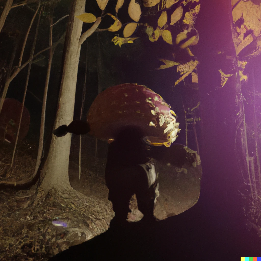 Prompt: photo of a mushroom man creature roaming in the woods at night