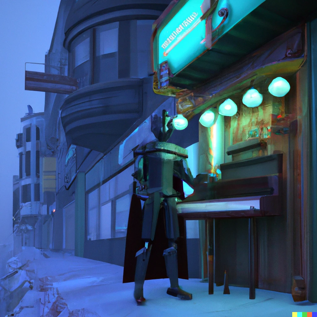 Prompt: futuristic knight playing organ at dusk in post apocalyptic chicago street in font of a degraded coffee shop, realistic