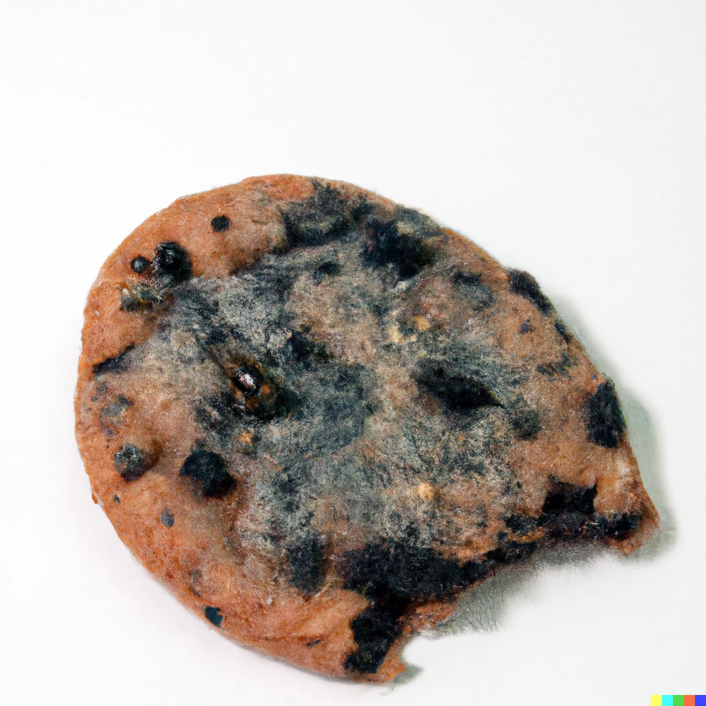 Prompt: a rotten cookie with chip made out of flies