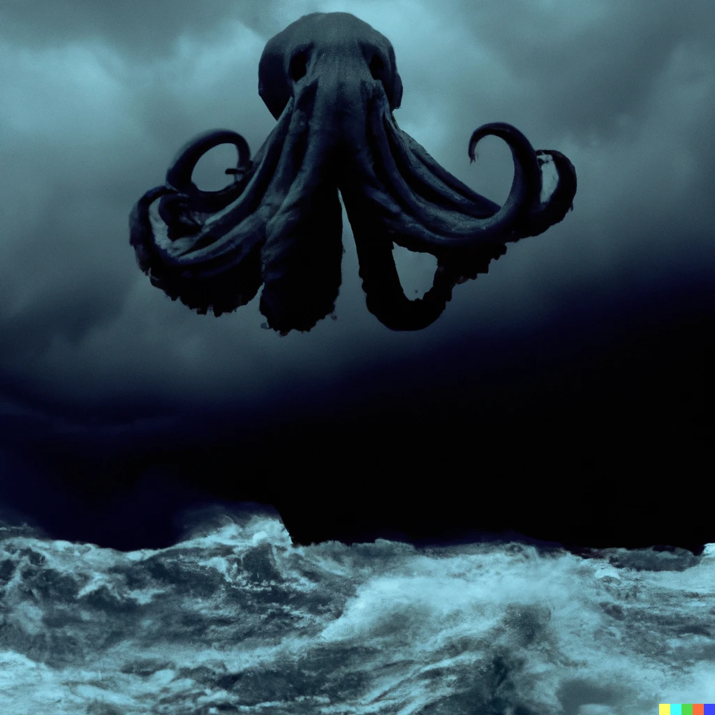 Prompt: terrifying photo of H.P. Lovecraft's gigantic Chtulhu in a dark water sea during a storm