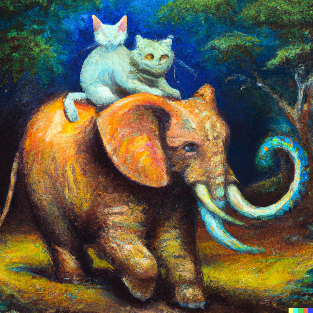 Prompt: An oil painting of a cat riding an elephant lost in the metaverse