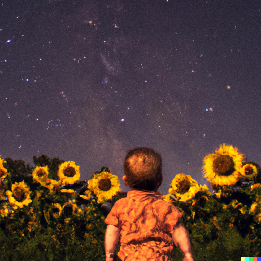 Prompt: Constellations above a field of sunflowers with a toddler standing staring skyward 
