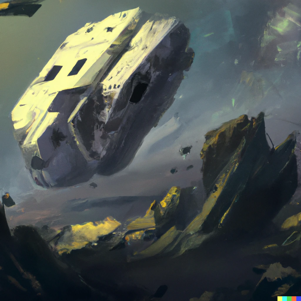 Prompt: A derelict spaceship floating in an asteroid field, digital painting