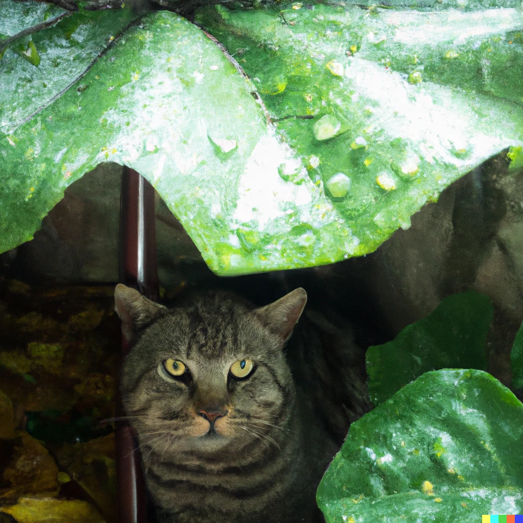 Prompt: Cat taking shelter from the rain under a big leaf