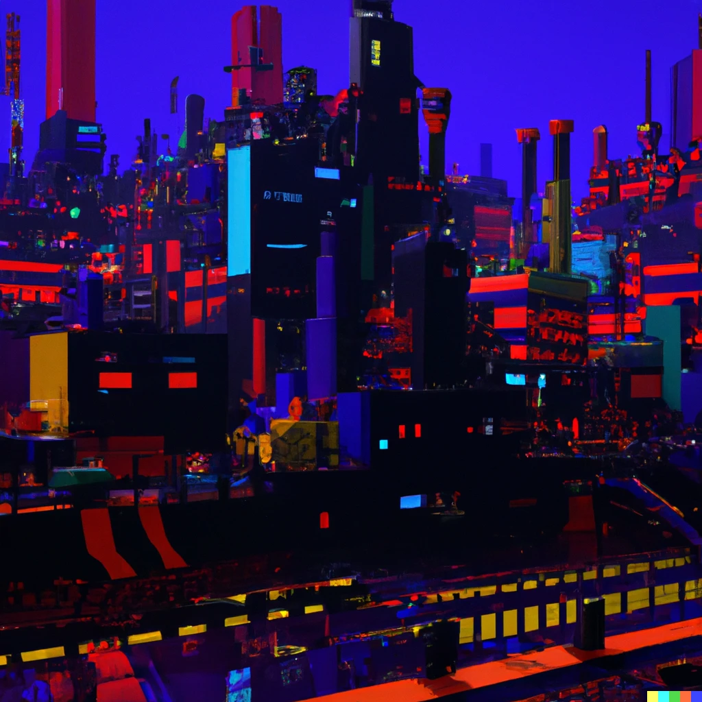 Prompt: a 3d render of a futuristic city at night using as color palette mondrian style  | 621